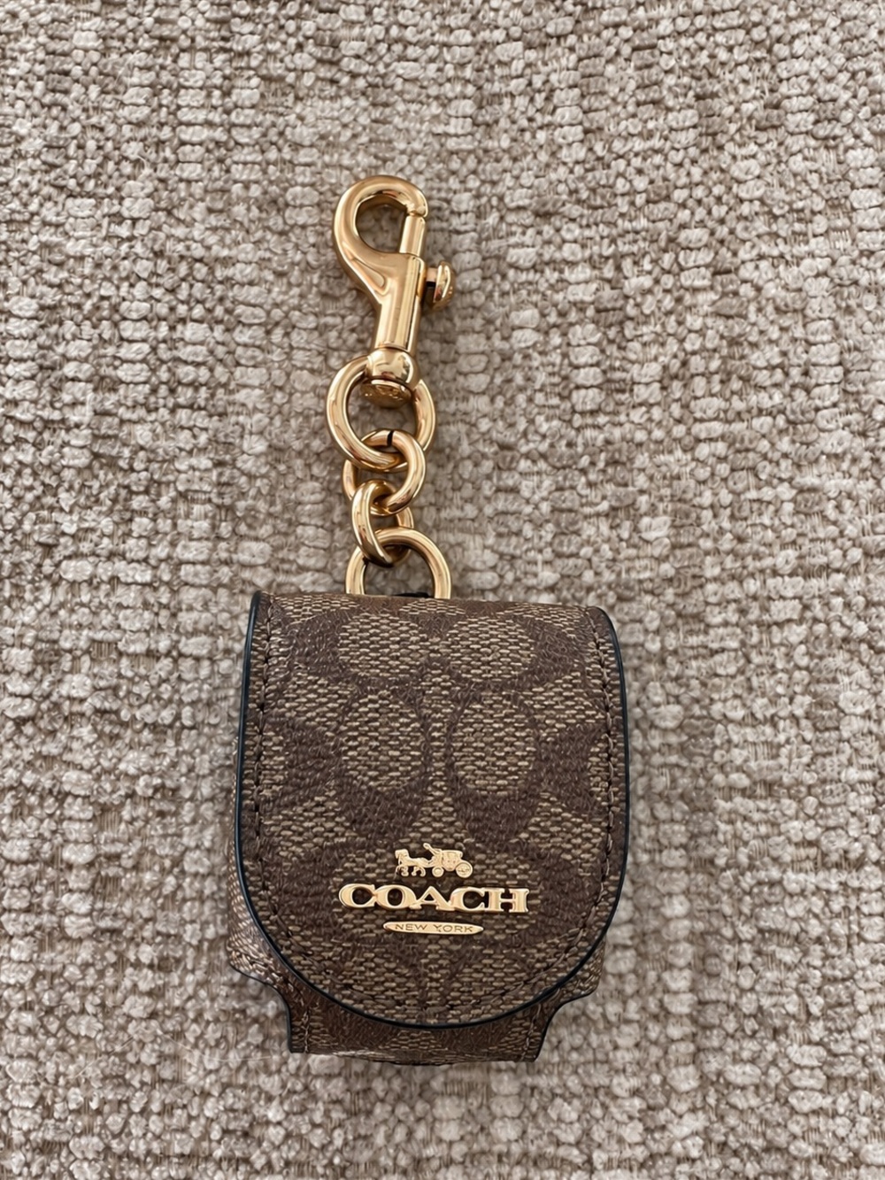 Coach Signature Canvas AirPods Case Bag Charm Keychain Brown Gold